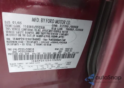 2005 Ford Five Hundred Limited from USA, damaged, VIN 1FAHP25125G154502